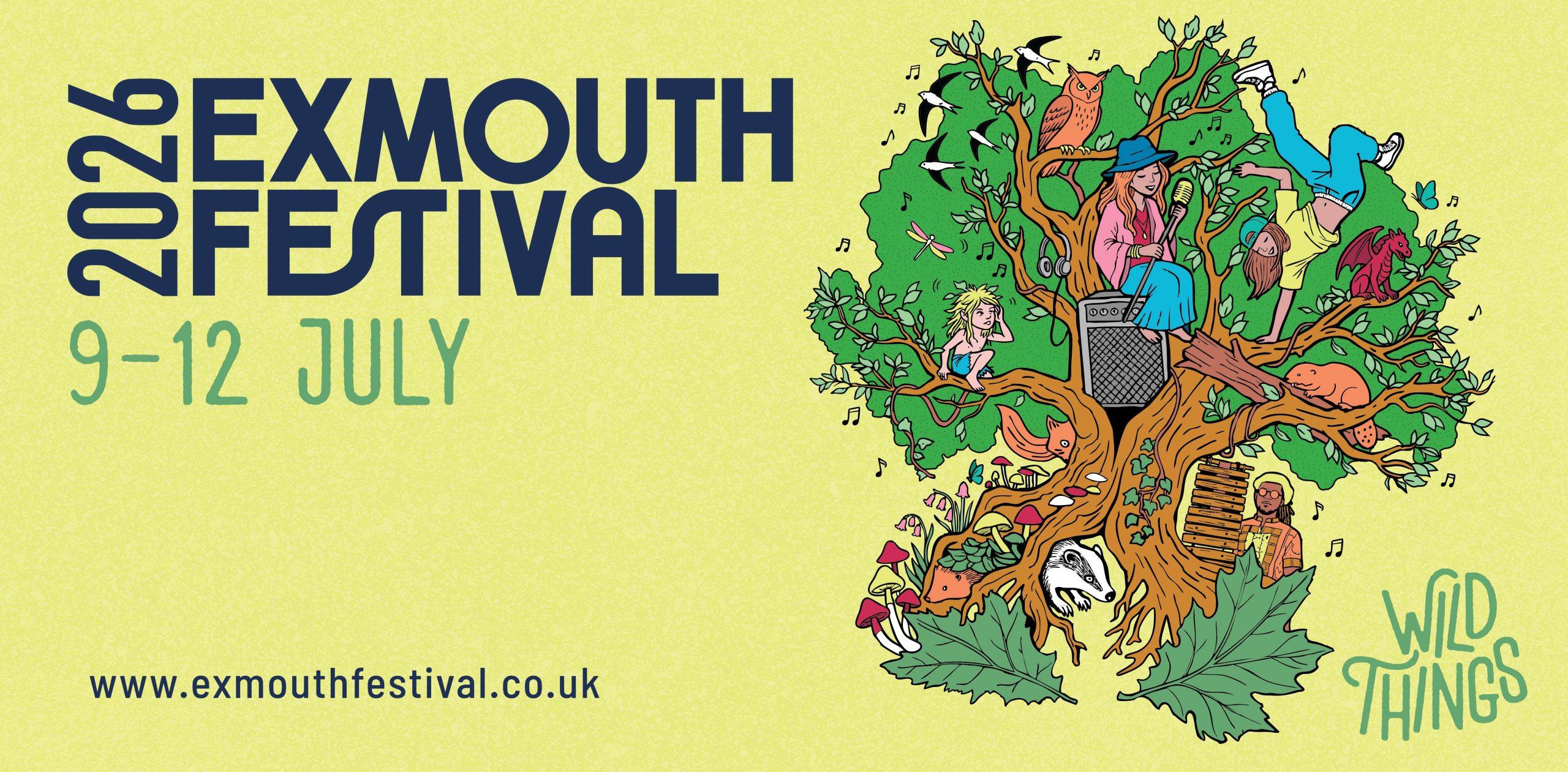 Illustrated artwork for Exmouth Festival 2026 “Wild Things” theme, featuring a large tree filled with animals, alongside music, dance, and outdoor activity scenes