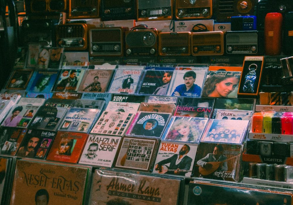 Records in a record shop.