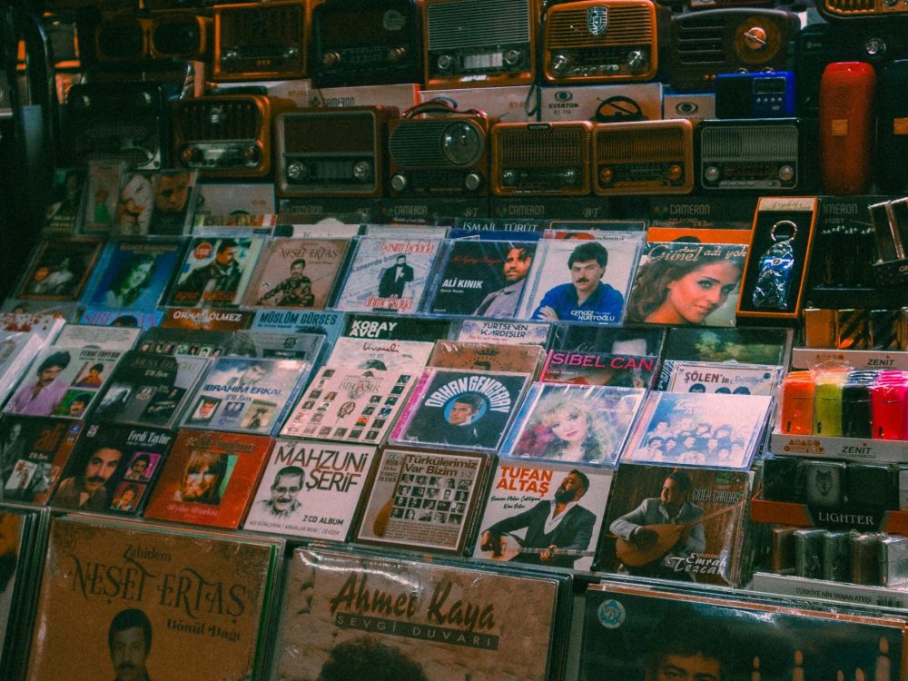 Records in a record shop.