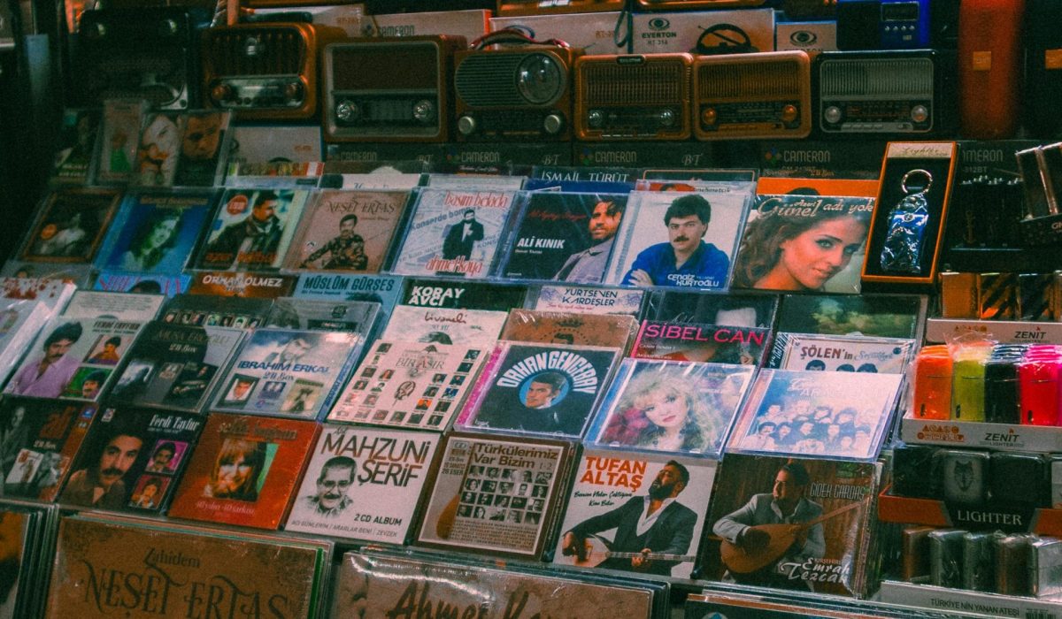 Records in a record shop.
