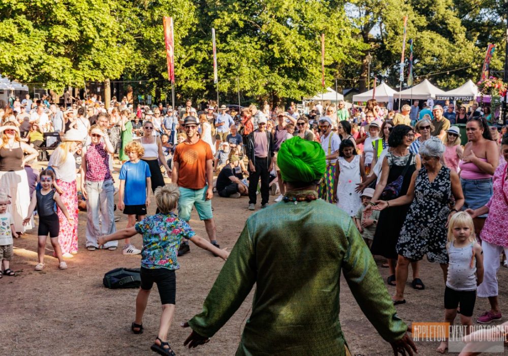 Crowd of people dancing at Exmouth festival in Manor Gardens