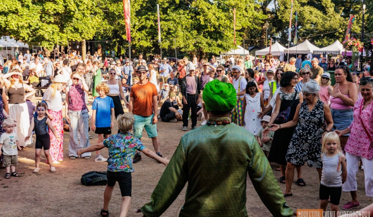 Crowd of people dancing at Exmouth festival in Manor Gardens