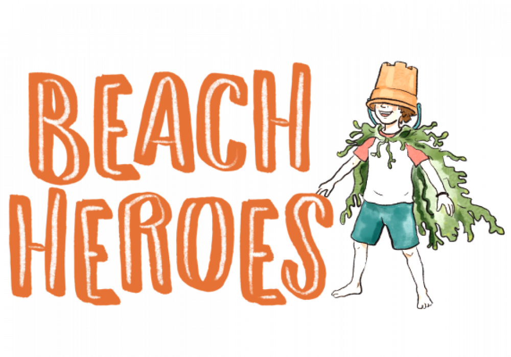 Caricature s of boy with flowerpot on his head and the wording, Beach Heroes on his right.