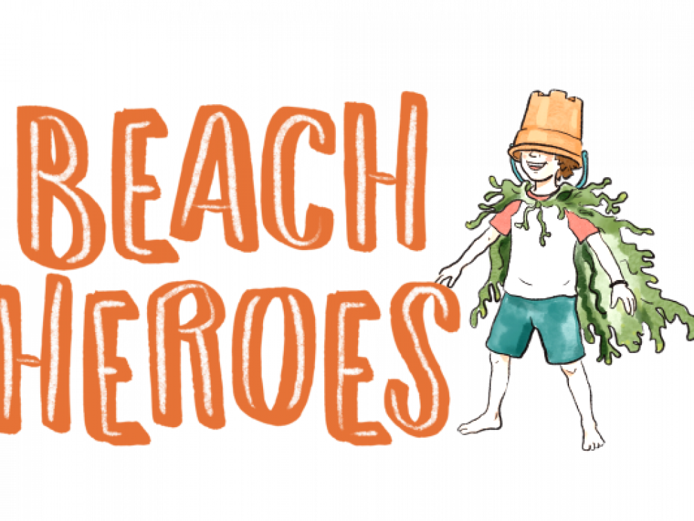 Caricature s of boy with flowerpot on his head and the wording, Beach Heroes on his right.