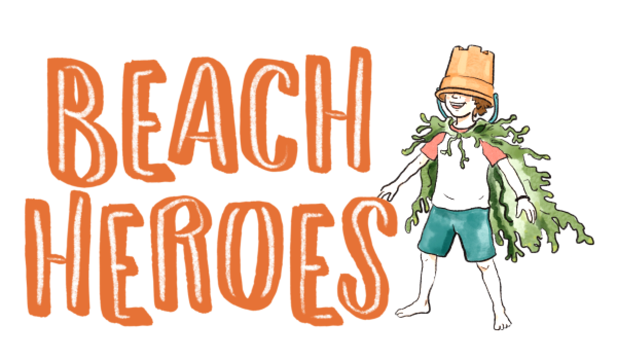 Caricature s of boy with flowerpot on his head and the wording, Beach Heroes on his right.
