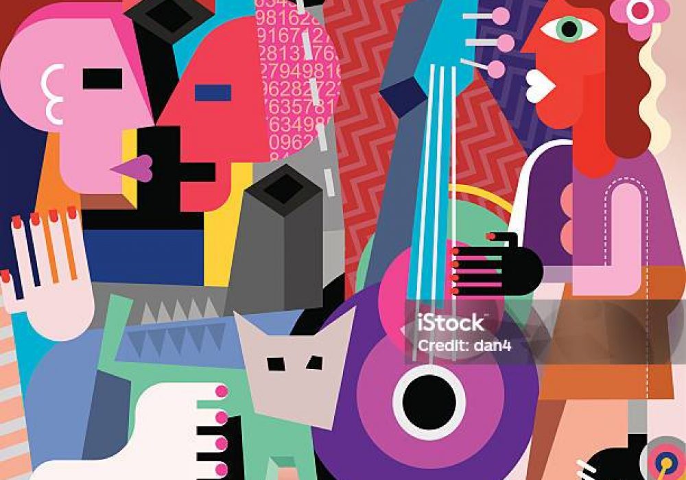 The dancing couple and woman playing guitar - vector illustration. Fine art picture.