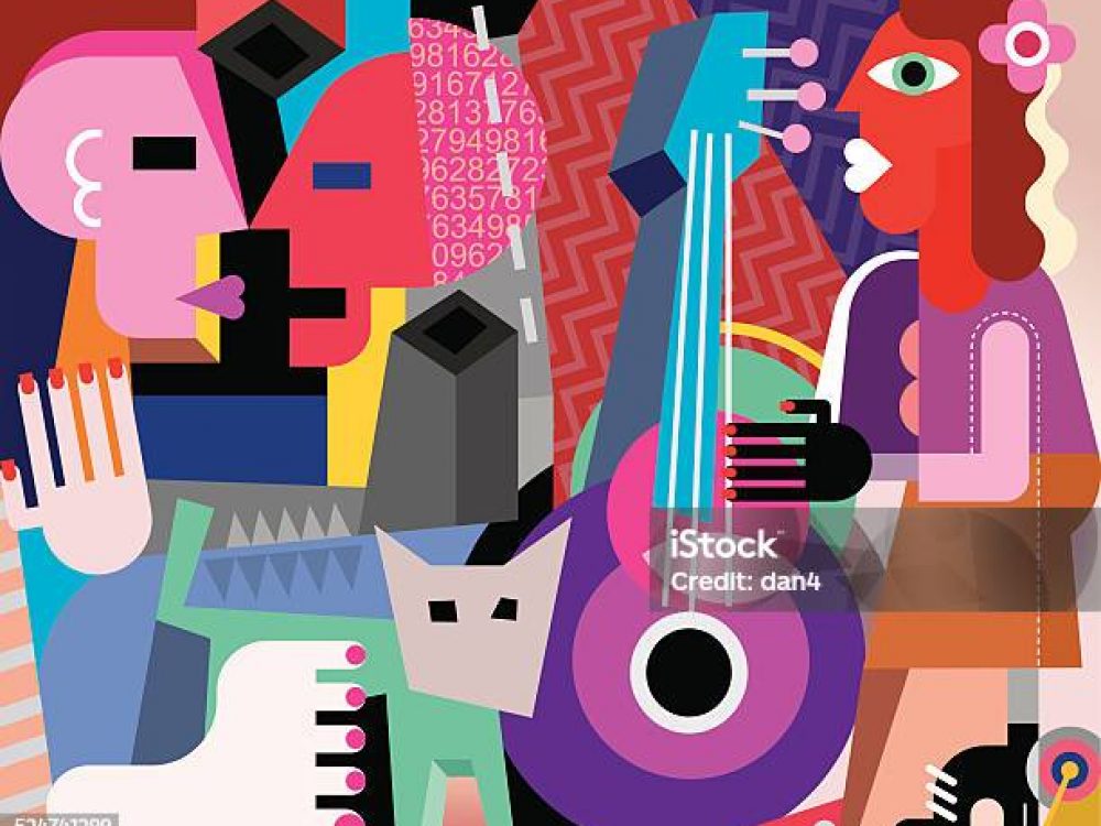 The dancing couple and woman playing guitar - vector illustration. Fine art picture.