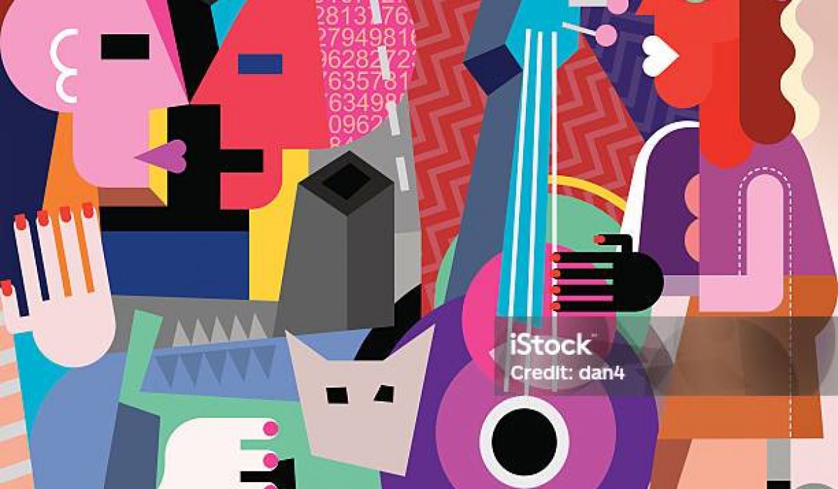 The dancing couple and woman playing guitar - vector illustration. Fine art picture.