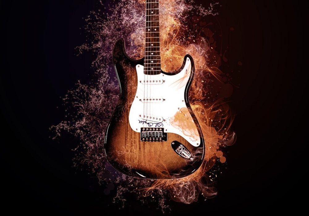 An electric guitar surrounded by flames.