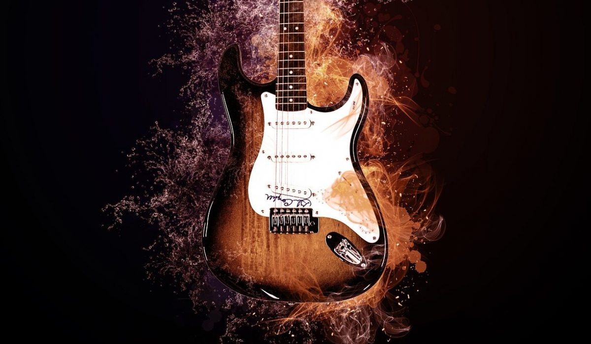 An electric guitar surrounded by flames.