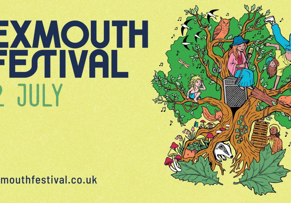 Illustrated artwork for Exmouth Festival 2026 “Wild Things” theme, featuring a large tree filled with animals, alongside music, dance, and outdoor activity scenes